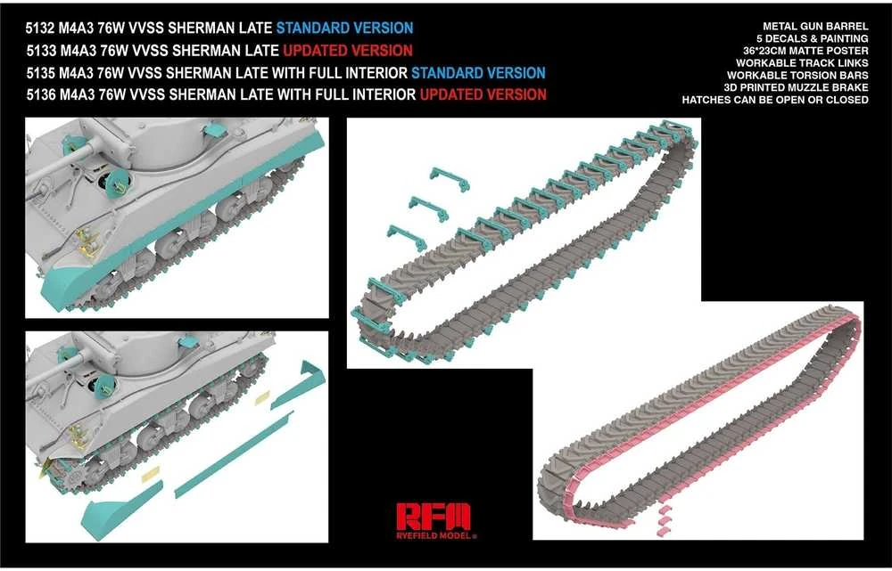 RFM Rye Field M4A3 Sherman 76W VVSS, 1/35 vėlyvas patobulintas tankas