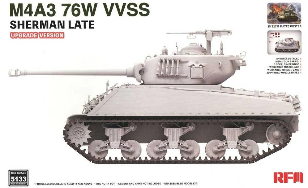 RFM Rye Field M4A3 Sherman 76W VVSS, 1/35 vėlyvas patobulintas tankas