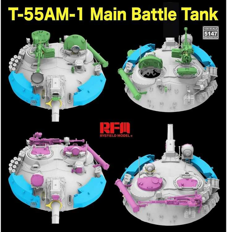RFM Rye Field T-55AM-1 tanko modelis 1/35 su judančiais vikšrais