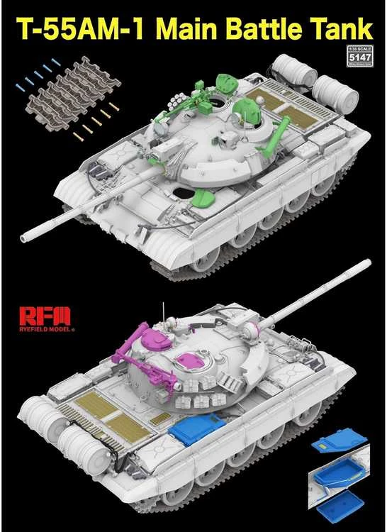 RFM Rye Field T-55AM-1 tanko modelis 1/35 su judančiais vikšrais