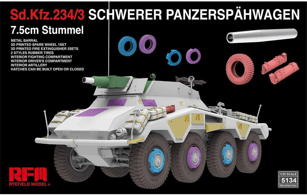 Rye Field 1/35 Sd.Kfz. 234/3 žvalgybinis šarvuotis 7,5 cm Stummel RFM-5134