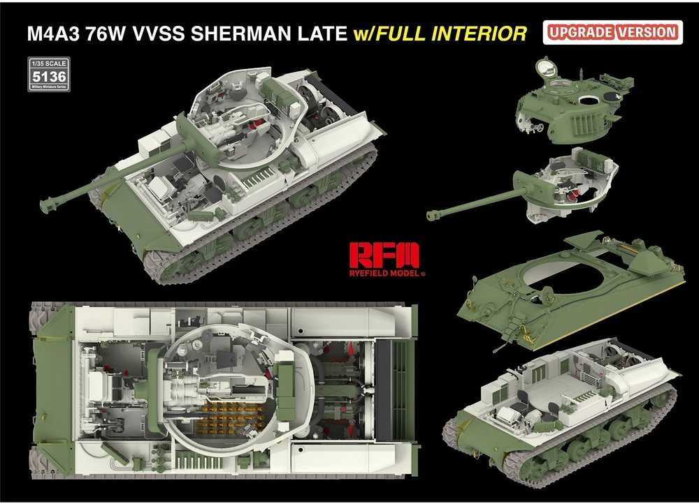 Rye Field M4A3 Sherman 76W VVSS vėlyvas, su pilnu interjeru, 1/35 (RFM-5136)
