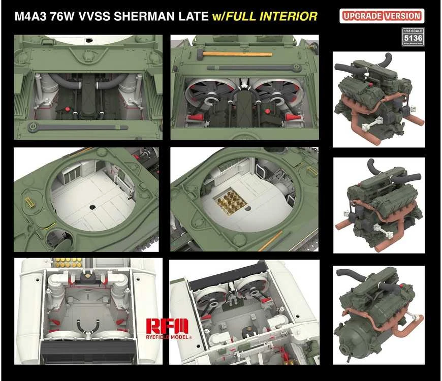 Rye Field M4A3 Sherman 76W VVSS vėlyvas, su pilnu interjeru, 1/35 (RFM-5136)