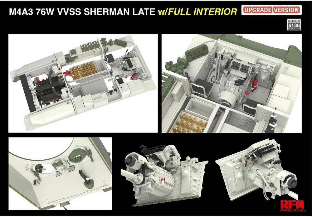 Rye Field M4A3 Sherman 76W VVSS vėlyvas, su pilnu interjeru, 1/35 (RFM-5136)