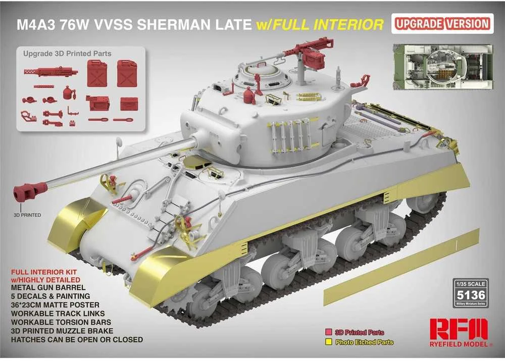Rye Field M4A3 Sherman 76W VVSS vėlyvas, su pilnu interjeru, 1/35 (RFM-5136)
