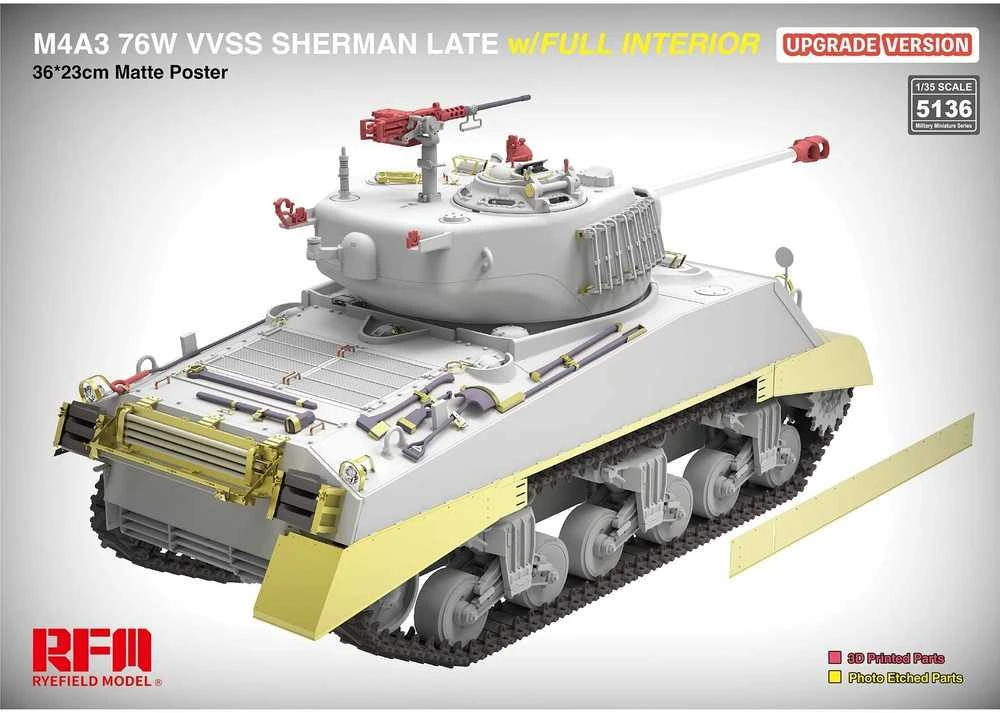 Rye Field M4A3 Sherman 76W VVSS vėlyvas, su pilnu interjeru, 1/35 (RFM-5136)