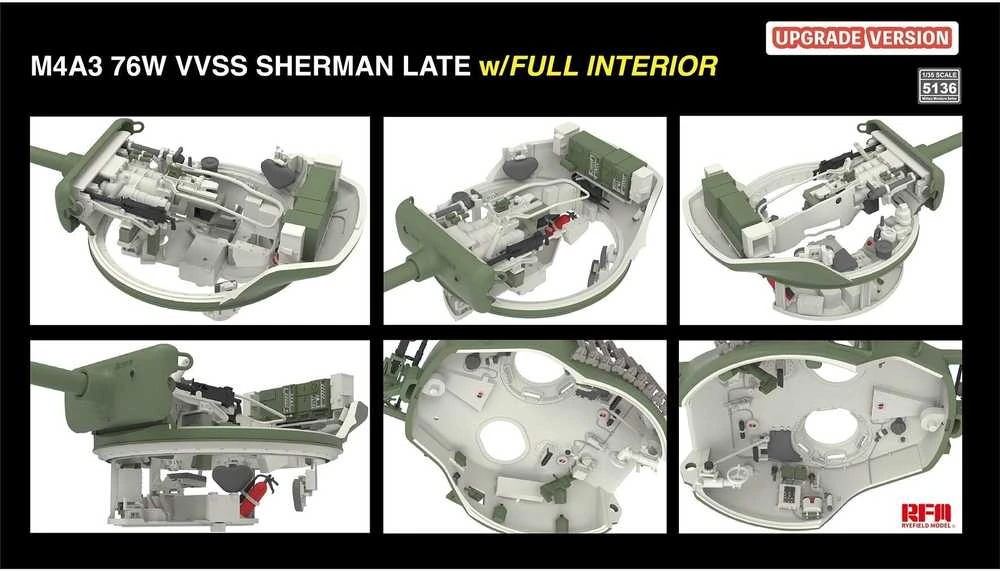 Rye Field M4A3 Sherman 76W VVSS vėlyvas, su pilnu interjeru, 1/35 (RFM-5136)