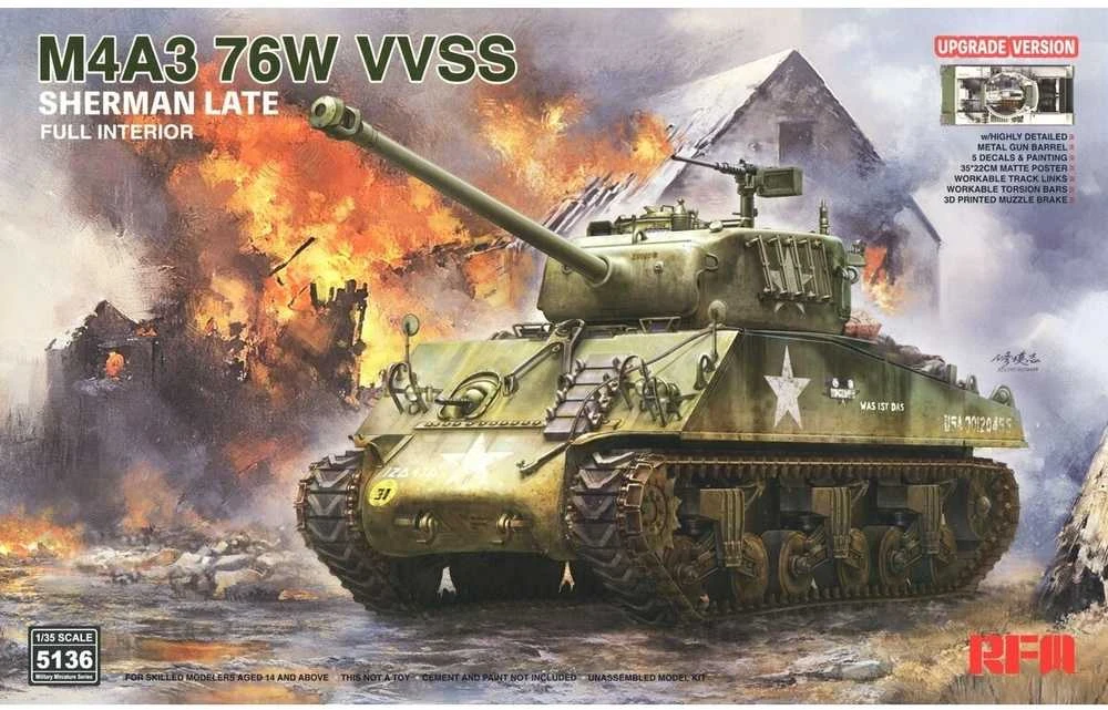 Rye Field M4A3 Sherman 76W VVSS vėlyvas, su pilnu interjeru, 1/35 (RFM-5136)