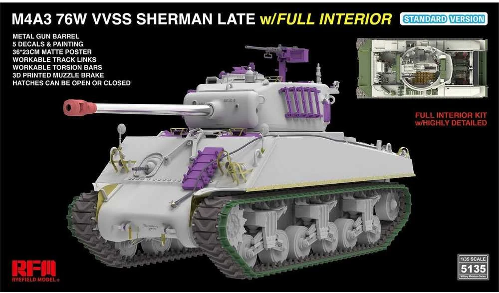 Rye Field Model M4A3 Sherman 76W VVSS Late su interjeru 1/35 RFM-5135
