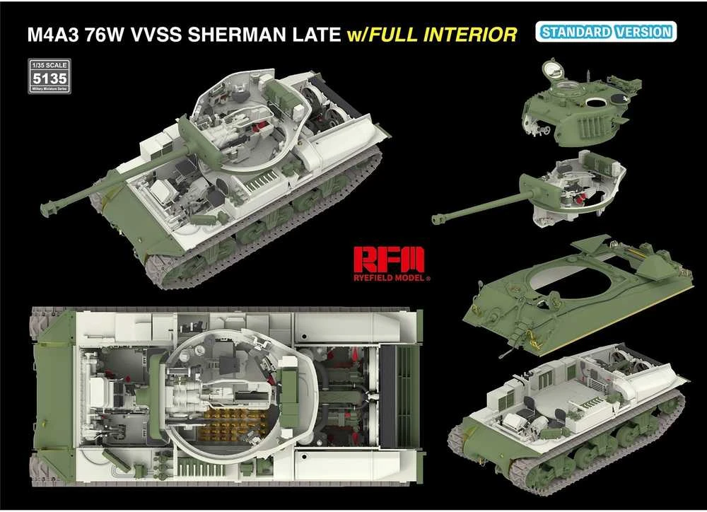 Rye Field Model M4A3 Sherman 76W VVSS Late su interjeru 1/35 RFM-5135