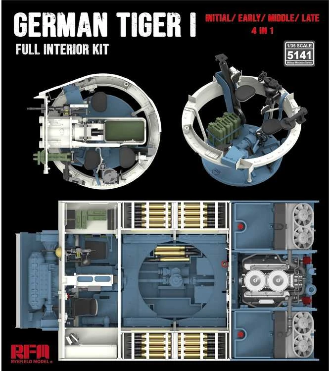 Rye Field Model Tiger I 1/35 modelis, pilnas interjeras, 4 viename (RFM-5141)