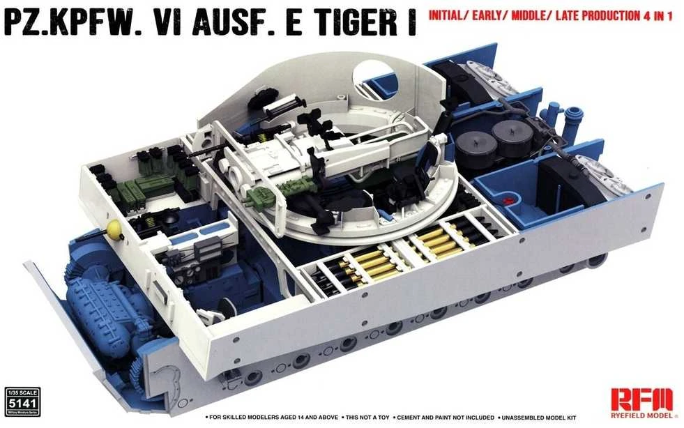 Rye Field Model Tiger I 1/35 modelis, pilnas interjeras, 4 viename (RFM-5141)