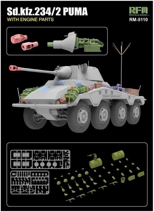 Rye Field RFM-5110 Sd.Kfz.234/2 PUMA šarvuotis su variklio detalėmis 1/35