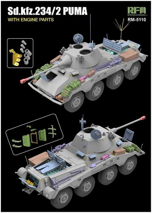 Rye Field RFM-5110 Sd.Kfz.234/2 PUMA šarvuotis su variklio detalėmis 1/35