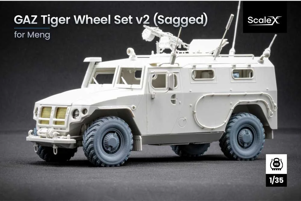 Scalex GAZ Tiger v2 nusileidusių ratų komplektas Meng 1/35, 3D spauda