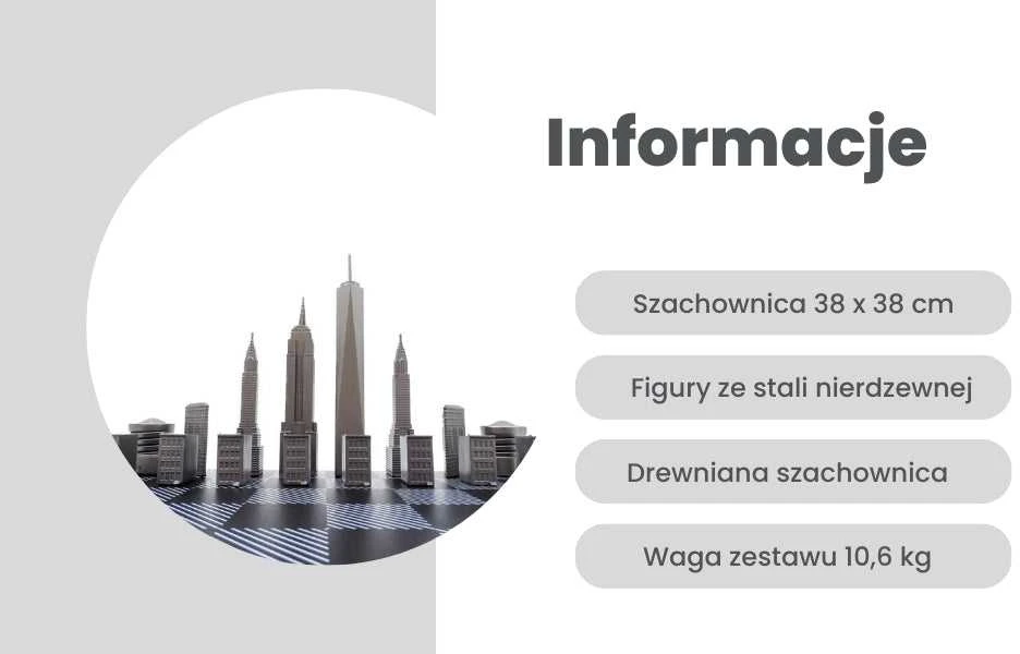 Skyline Chess Prabangus Niujorko „Skyline“ šachmatų rinkinys, nerūdijančio plieno figūros