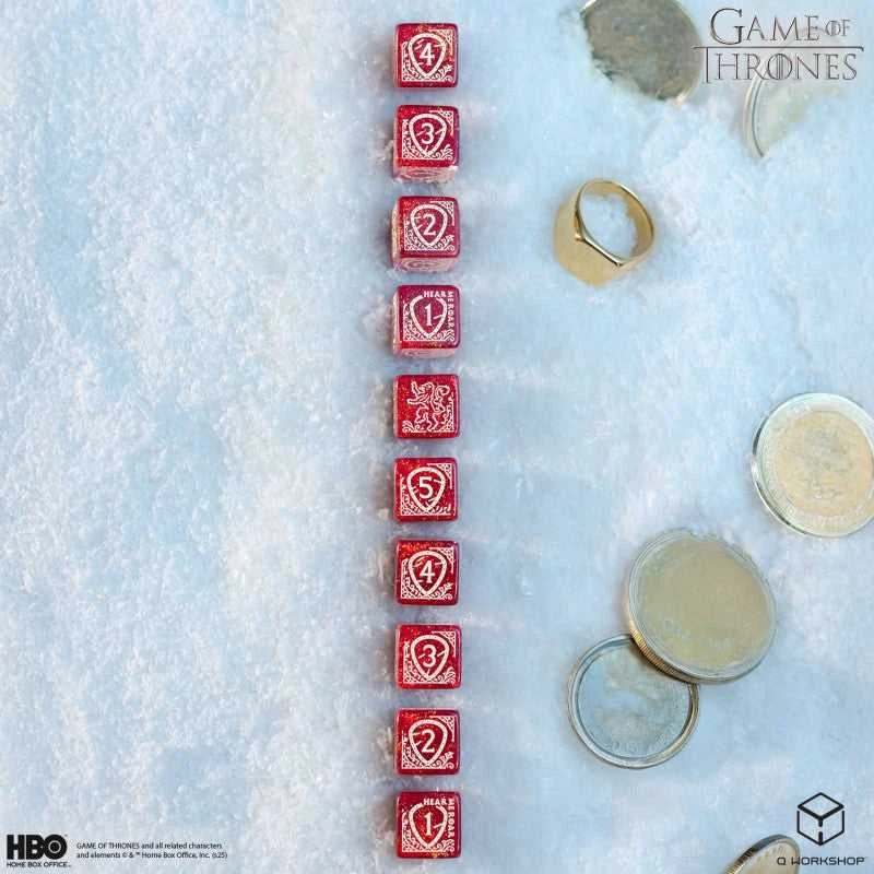 Sostų karai Lannister D6 kauliukai 10 vnt – Q-Workshop, raudoni, licencijuoti