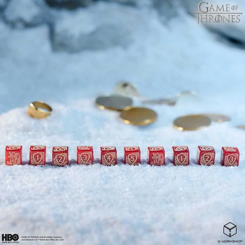 Sostų karai Lannister D6 kauliukai 10 vnt – Q-Workshop, raudoni, licencijuoti