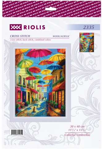 Spalvotų skėčių kryželiu siuvinėjimo rinkinys AIDA 30x40 cm RIOLIS