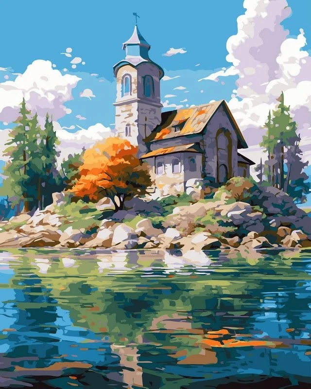 SuperColor Tapyba Pagal Skaičius: „Akmeninės bažnyčios atspindys prie ežero“ 40x50 cm