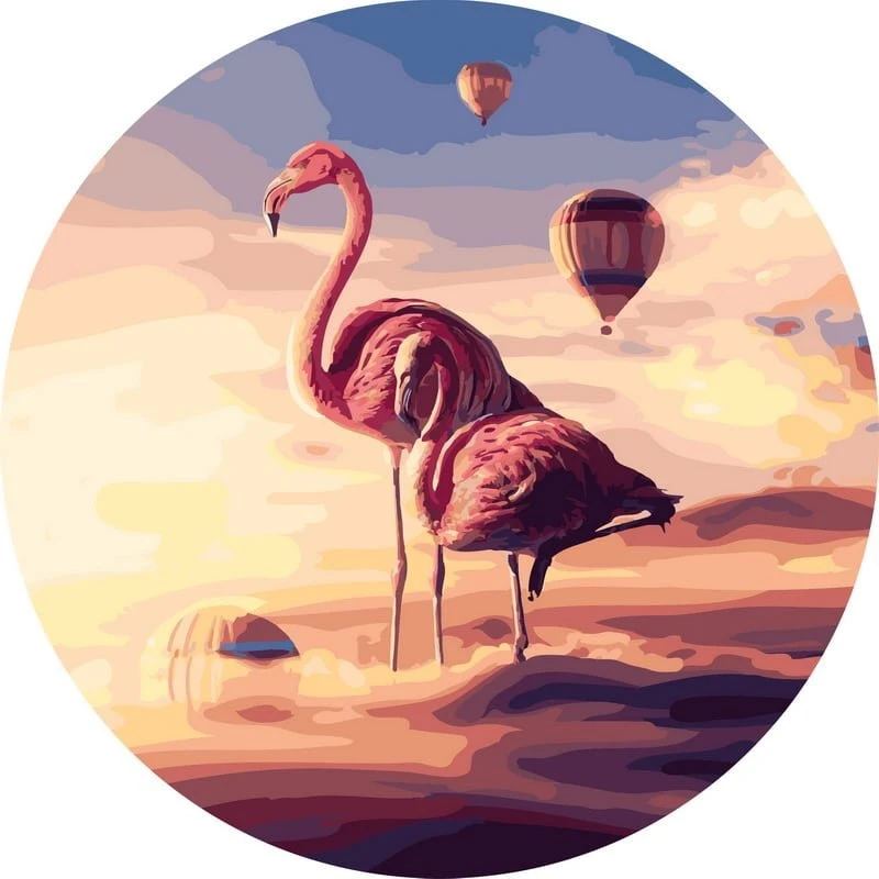 SuperColor Tapyba Pagal Skaičius: „Flamingai saulėlydyje su oro balionais“ 40x40 cm