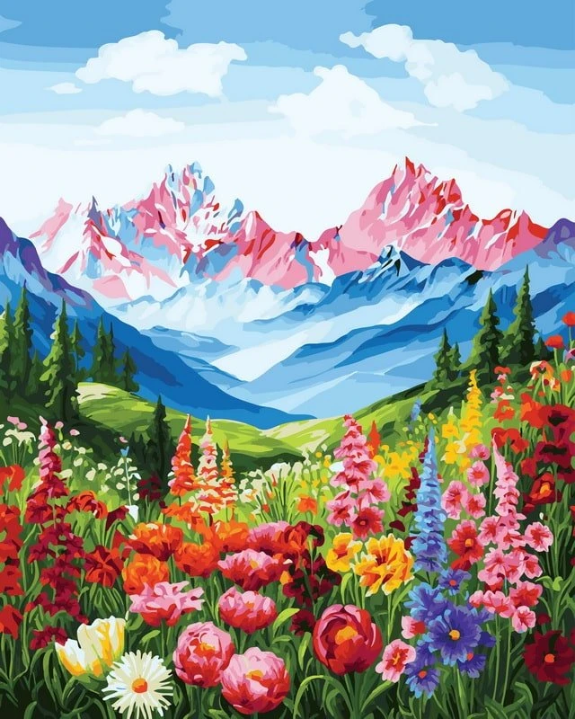 SuperColor Tapyba Pagal Skaičius: „Gėlės ir kalnų vaizdas“ 40x50 cm