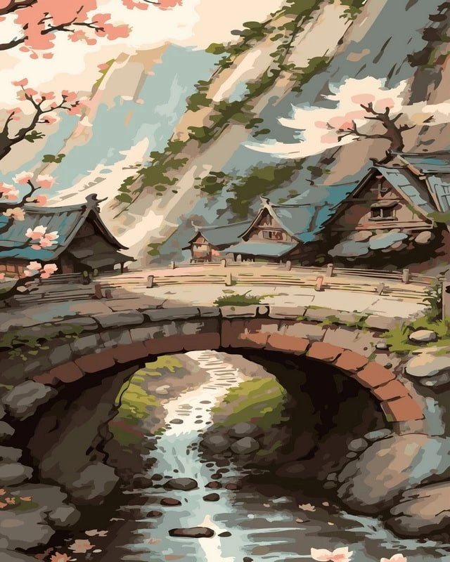 SuperColor Tapyba Pagal Skaičius: „Japoniško tilto kaimo vaizdas“ 40x50 cm