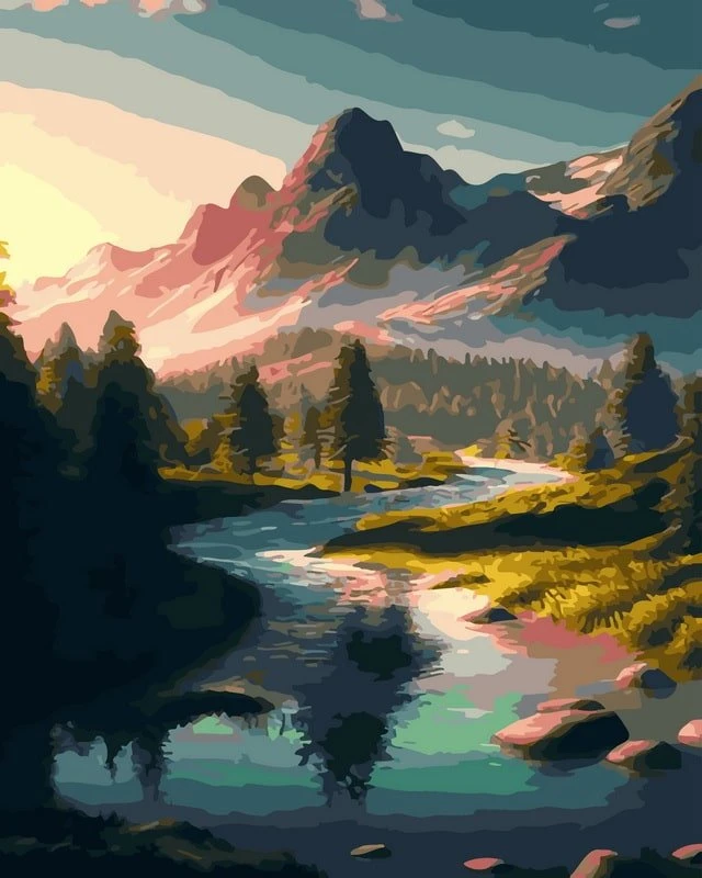 SuperColor Tapyba Pagal Skaičius: „Kalnų upė saulėlydyje“ 40x50 cm