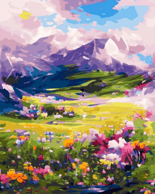 SuperColor Tapyba Pagal Skaičius: „Kalnų pieva su gėlėmis“ 40x50 cm
