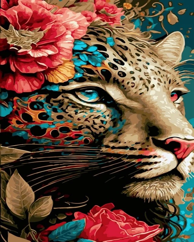 SuperColor Tapyba Pagal Skaičius: „Leopardas gėlėtose džiunglėse“ 40x50 cm
