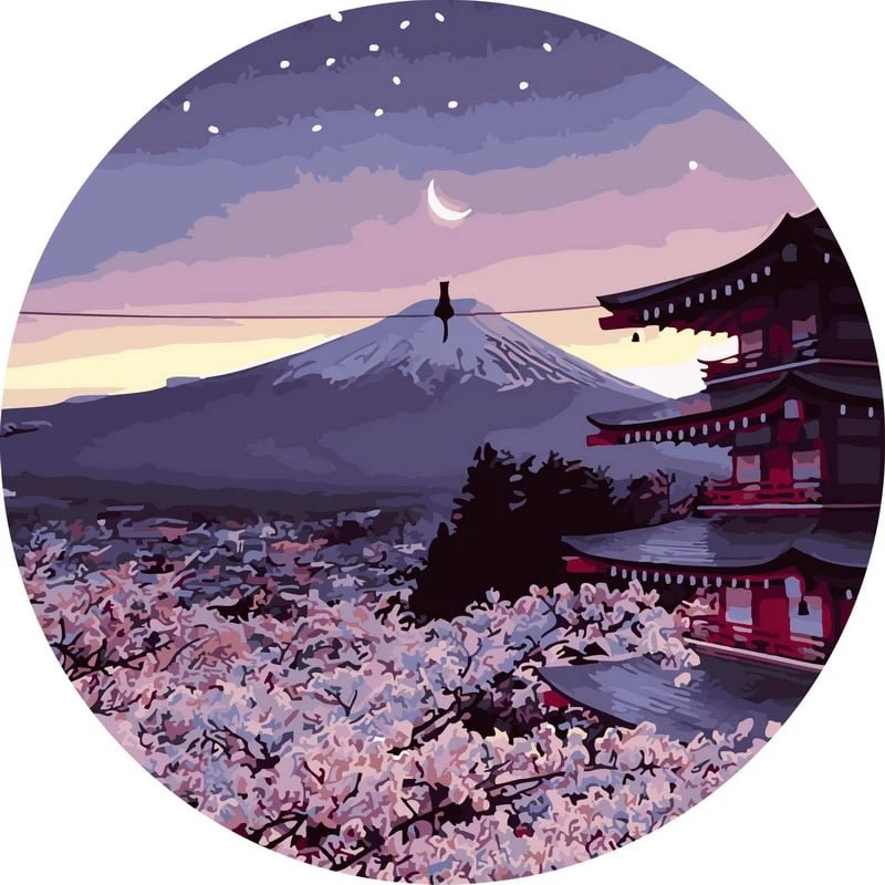 SuperColor Tapyba Pagal Skaičius: „Mėnesienos apšviesta sakura ir Fudžijama“ 40x40 cm