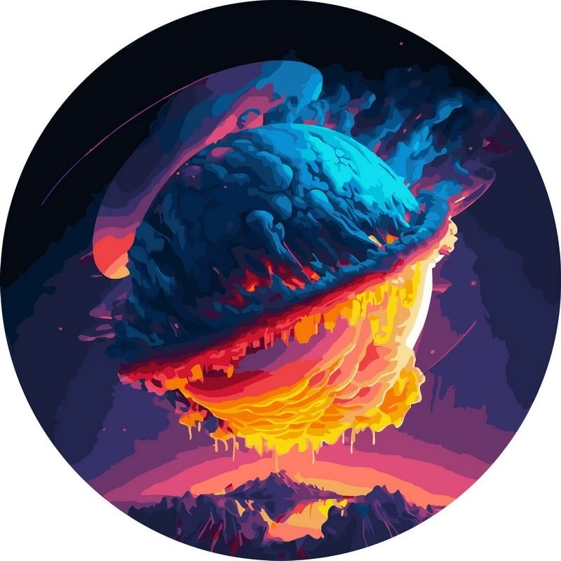 SuperColor Tapyba Pagal Skaičius: „Neoninis planetų fantazijos peizažas“ 40x40 cm