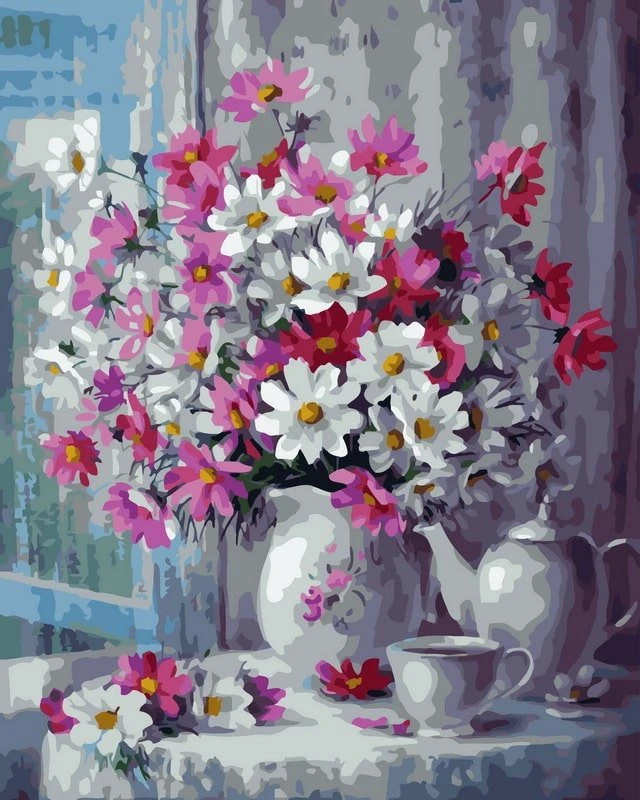 SuperColor Tapyba Pagal Skaičius: „Pastelinė gėlių kompozicija vazose“ 40x50 cm