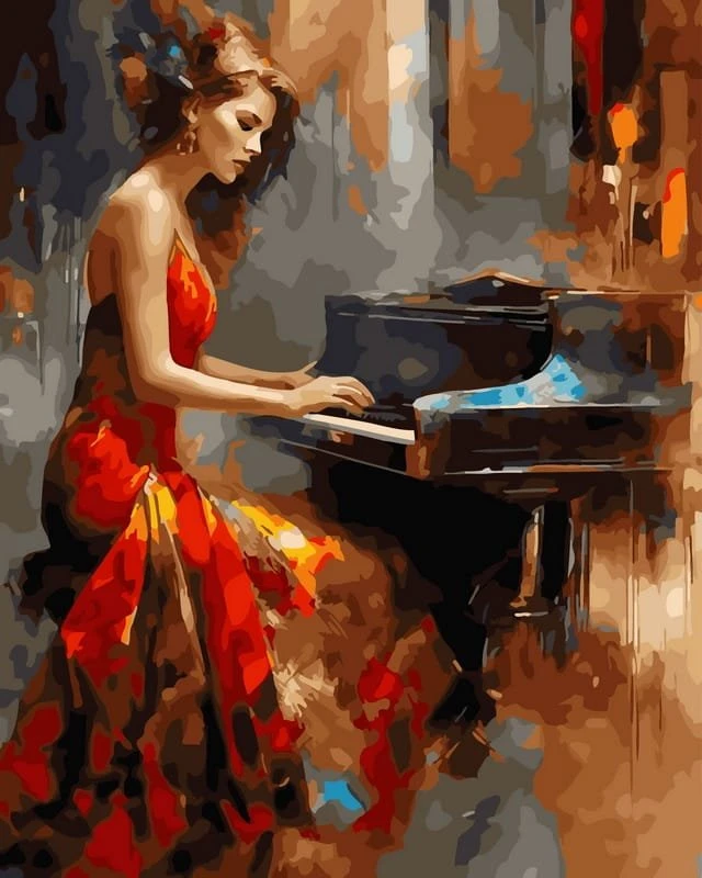 SuperColor Tapyba Pagal Skaičius: „Pianinu grojanti moteris raudona suknele“ 40x50 cm