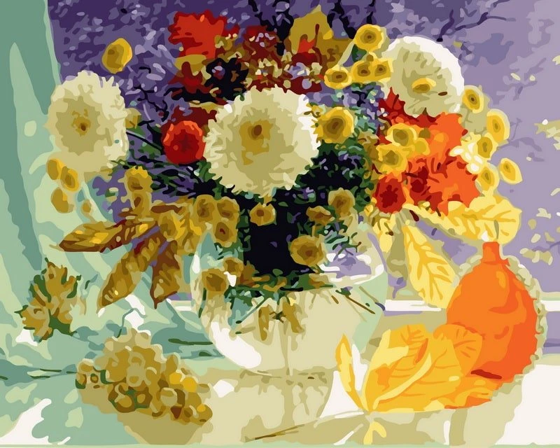 SuperColor Tapyba Pagal Skaičius: „Rudens gėlių natiurmortas su moliūgais“ 40x50 cm