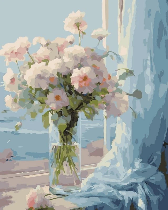 SuperColor Tapyba Pagal Skaičius: „Švelnios pastelinės gėlės prie lango“ 40x50 cm