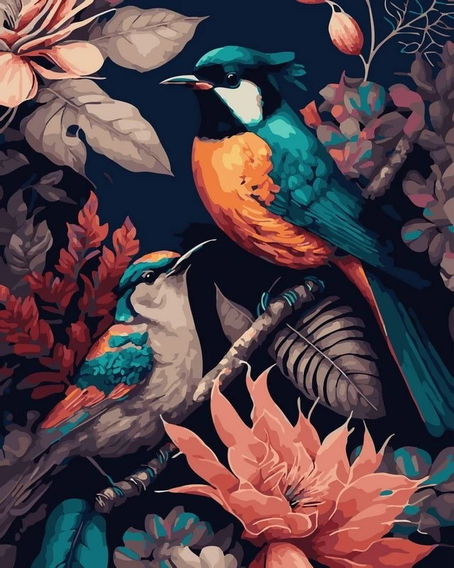 SuperColor Tapyba Pagal Skaičius: „Tropiniai paukščiai ir egzotinės gėlės“ 40x50 cm