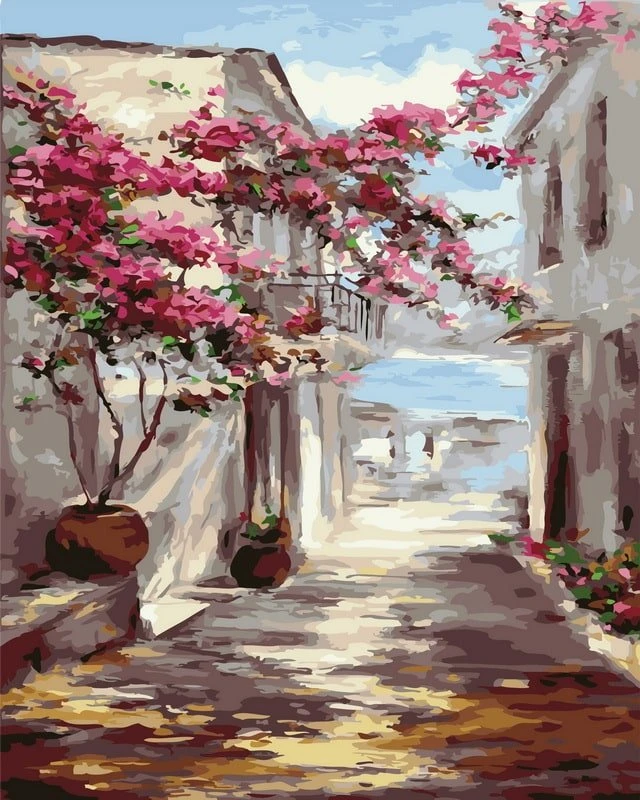 SuperColor Tapyba Pagal Skaičius: „Viduržemio jūros gatvelė su bugenvilėmis“ 40x50 cm