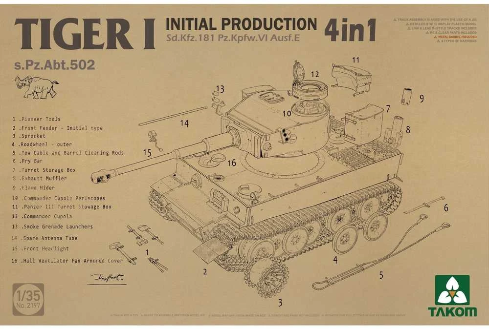 Takom Tiger I ankstyvasis 4in1 tanko modelis 1/35 s.Pz.Abt.502