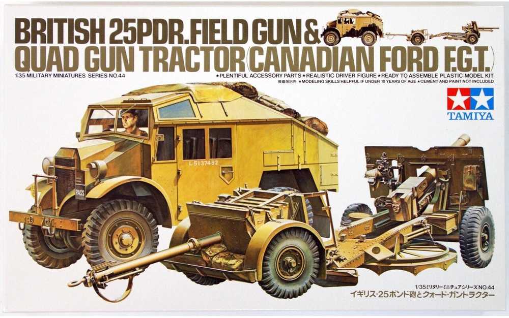 Tamiya – britų 25pdr.field pistoletas ir keturių ginklų traktorius Kanados Ford F.G.T., 1/35, 35044