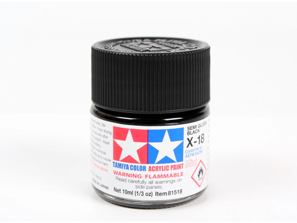 Tamiya X-18 Pusiau blizgūs juodi akriliniai dažai, 10 ml