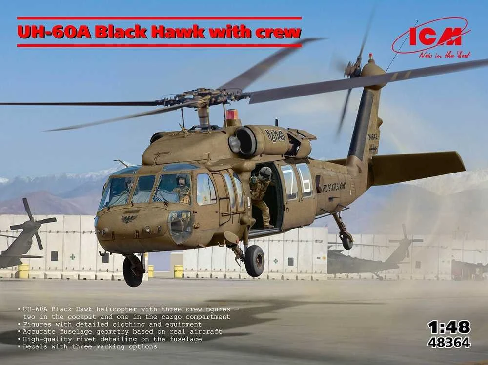 UH-60A Juodas Hawk sraigtasparnio modelis su įgula 1/48 ICM