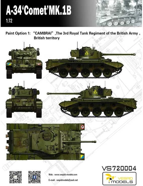 Vespid Models A34 Comet Mk.1B britų tankas 1/72 plastikinis modelis