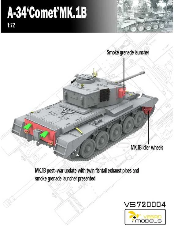 Vespid Models A34 Comet Mk.1B britų tankas 1/72 plastikinis modelis