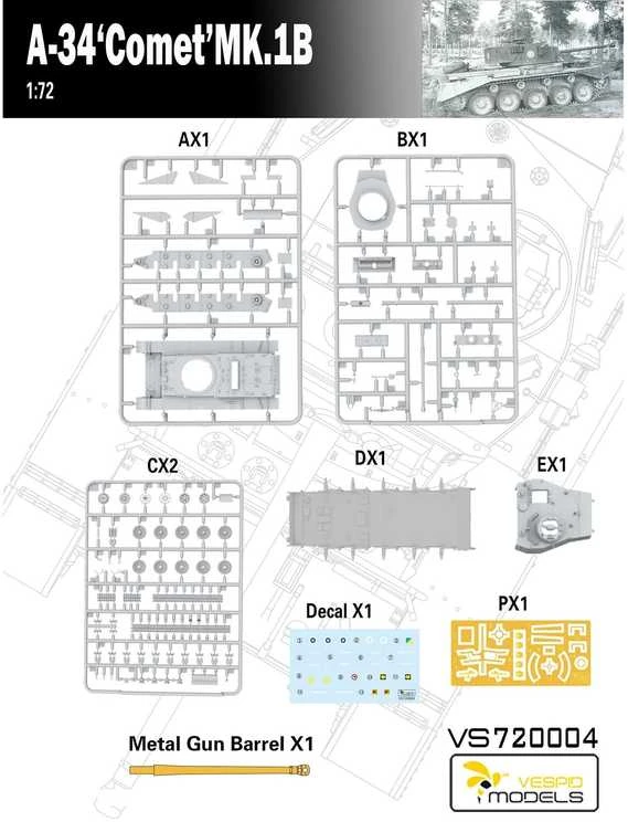 Vespid Models A34 Comet Mk.1B britų tankas 1/72 plastikinis modelis