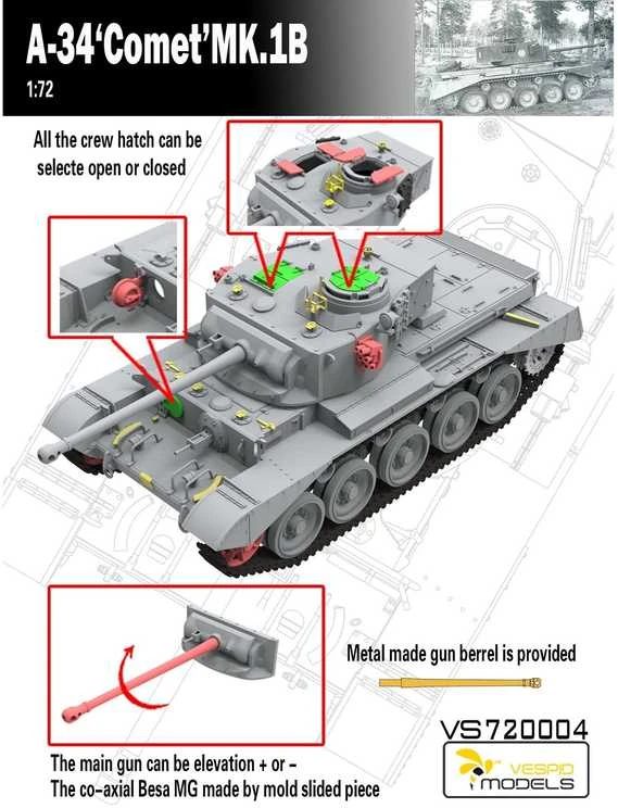 Vespid Models A34 Comet Mk.1B britų tankas 1/72 plastikinis modelis