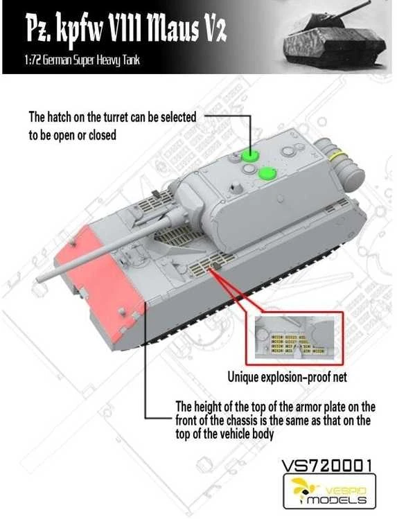 Vespid Models Maus V2 vokiečių super sunkus tankas 1/72, plastikinis rinkinys