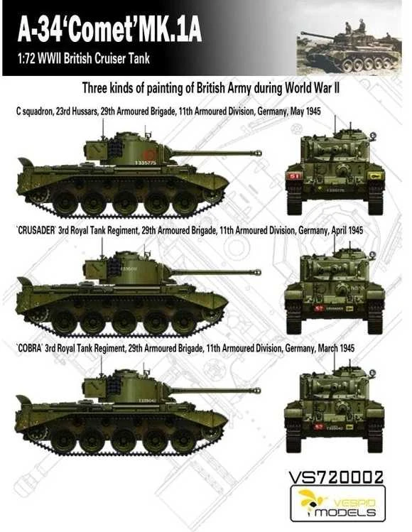 Vespid Models VESPID A-34 Comet MK.1A britų kruizinis tankas 1/72 plastikinis modelis