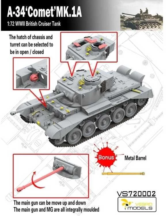 Vespid Models VESPID A-34 Comet MK.1A britų kruizinis tankas 1/72 plastikinis modelis
