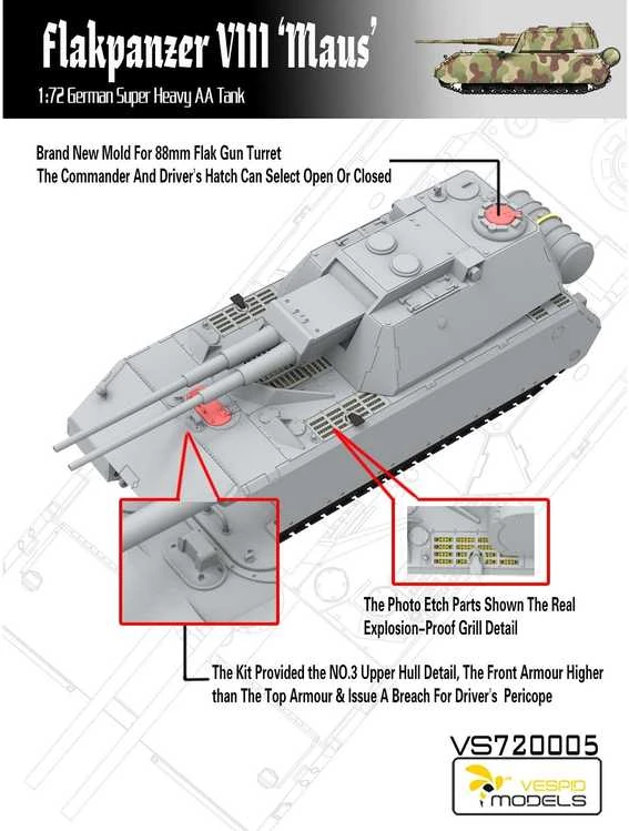 Vespid Models VESPID Flakpanzer VIII Maus 1/72 plastikinis surenkamas tanko modelis